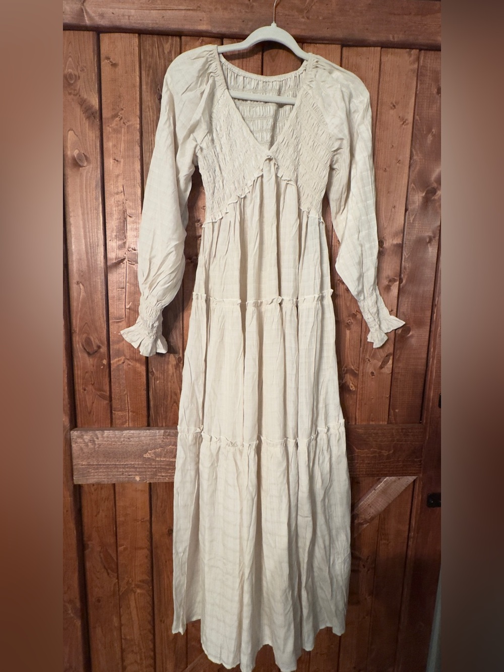 Flowing Cream Tiered Maxi Dress with Smocked Bodice